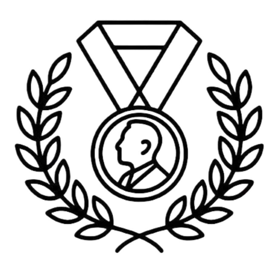 A black and white line icon of a medal with a person's profile, framed by a laurel wreath.