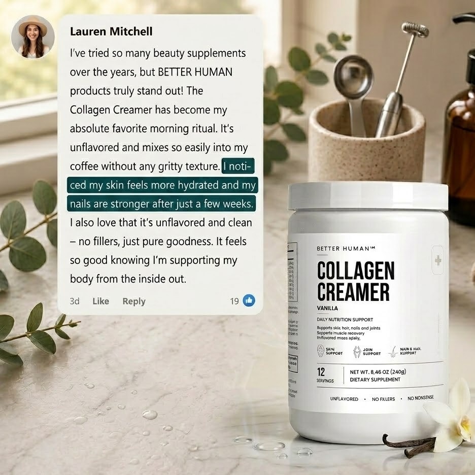 A tub of Better Human Collagen Creamer is displayed next to a positive customer review from Lauren Mitchell.