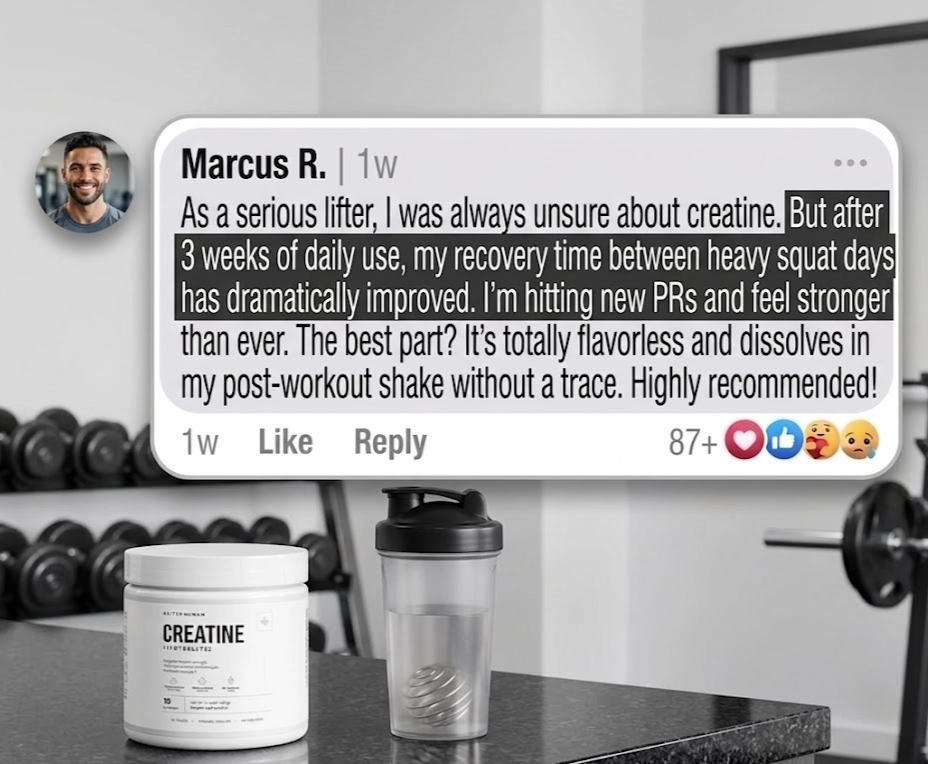 A tub of creatine and a shaker cup in a gym, with an overlaid positive customer review.
