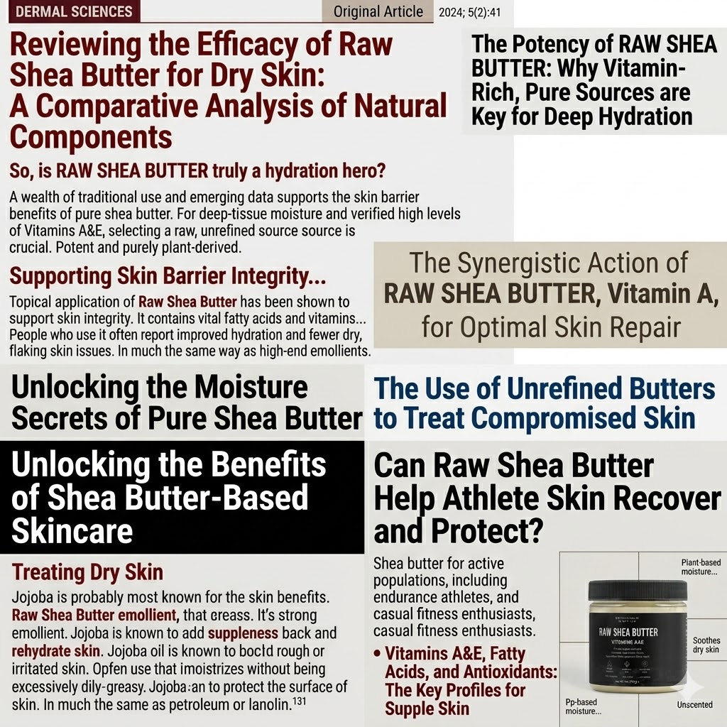A collage of article headlines and text about the skincare benefits of raw shea butter.