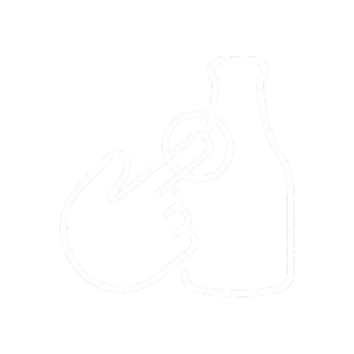 A white line art icon of a hand pointing at a bottle.