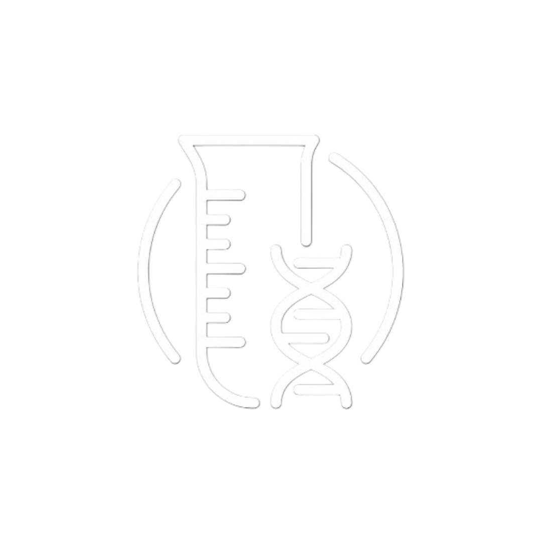 A white icon of a graduated cylinder next to a DNA double helix inside a circle.