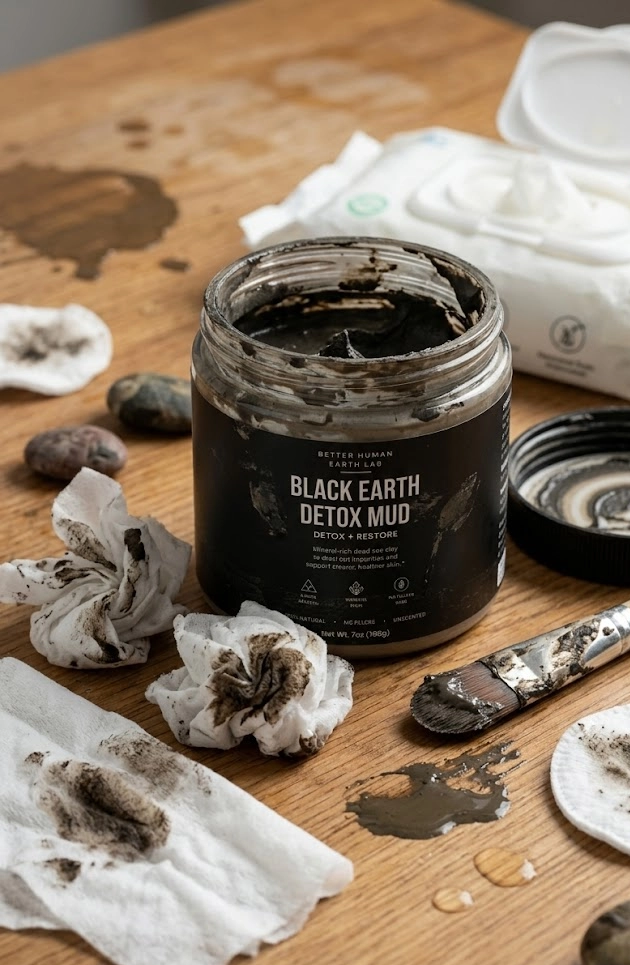 A messy tabletop with an open jar of Black Earth Detox Mud, used wipes, and a dirty brush.
