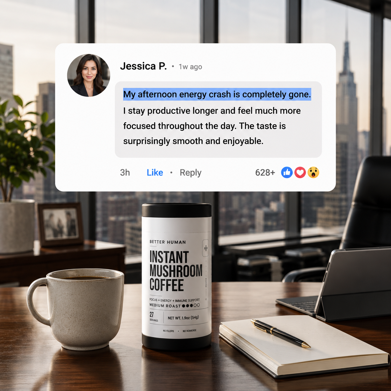 A canister of Instant Mushroom Coffee on an office desk with a mug and a positive customer review overlay.