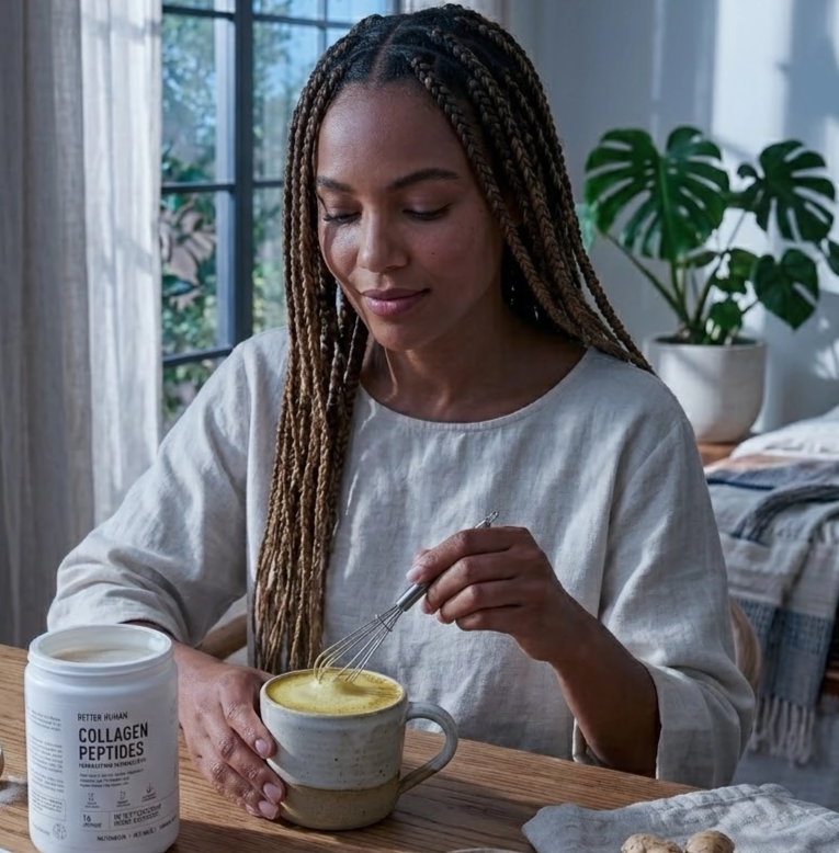 A smiling woman in a greenhouse holds two different smoothies with a container of collagen creamer on the table.