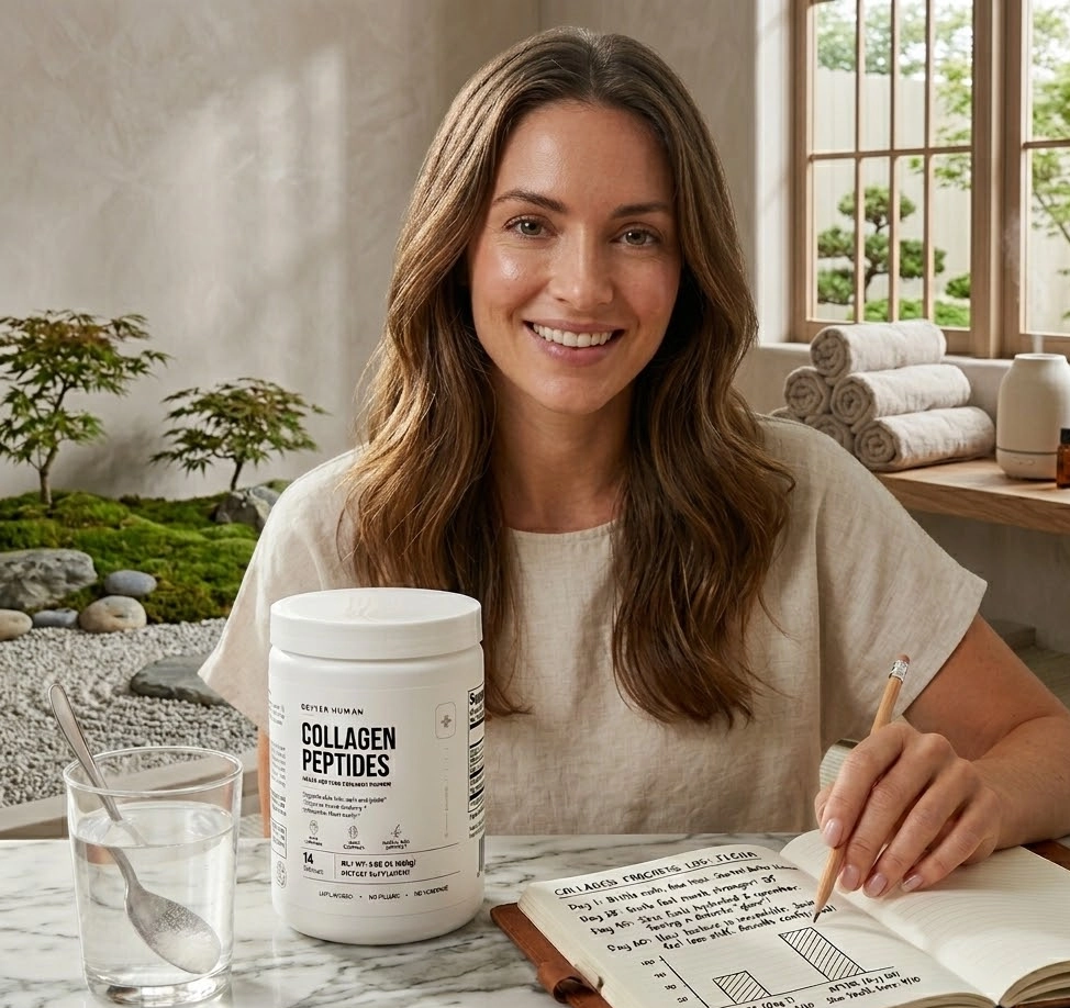 A smiling woman in a kitchen holds up two white tubs of collagen creamer.