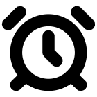 A simple black icon of a traditional alarm clock with two bells on top.