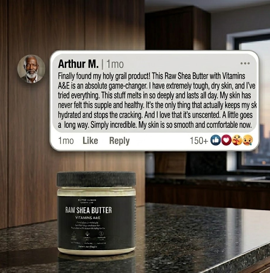 A jar of Raw Shea Butter on a countertop, with a large graphic of a positive customer review above it.
