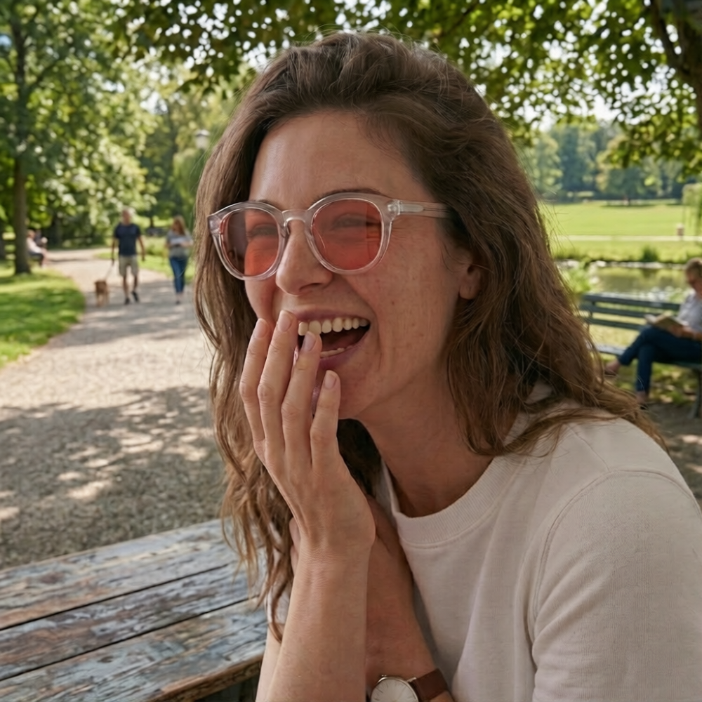 A woman with pink-tinted glasses laughs while sitting at a wooden table in a park.