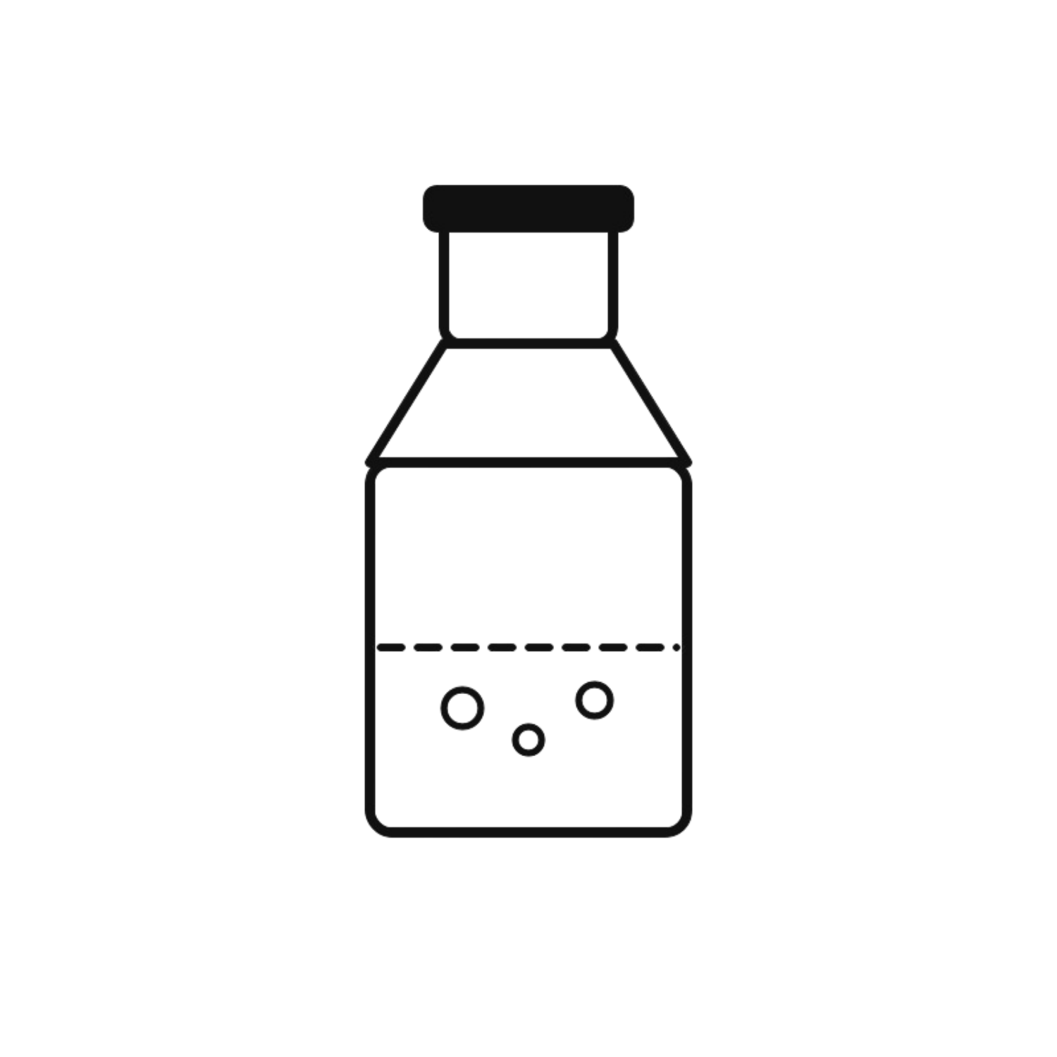 A black and white line drawing of a bottle with a bubbling liquid inside.