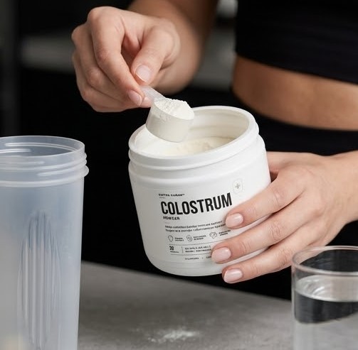 A person holds a tub of colostrum powder while using a scoop to measure it out.