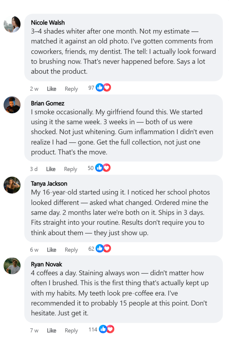 A screenshot of four positive user reviews, each with a profile picture and comment text.