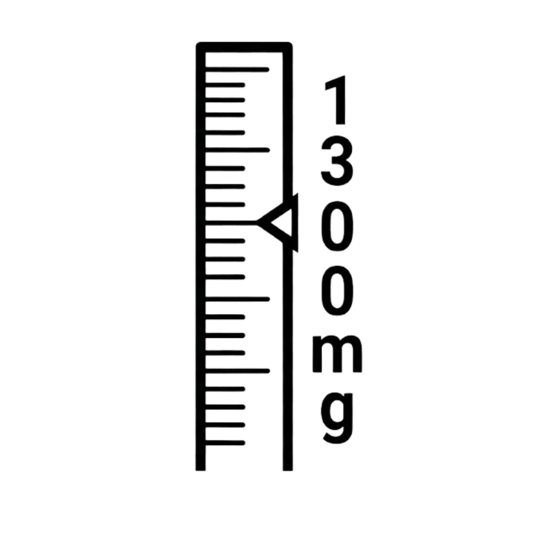 A black and white graphic of a vertical measurement scale with text reading '1300mg'.