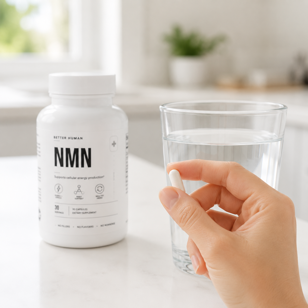A hand holding a white capsule next to a glass of water and a bottle of NMN supplements.