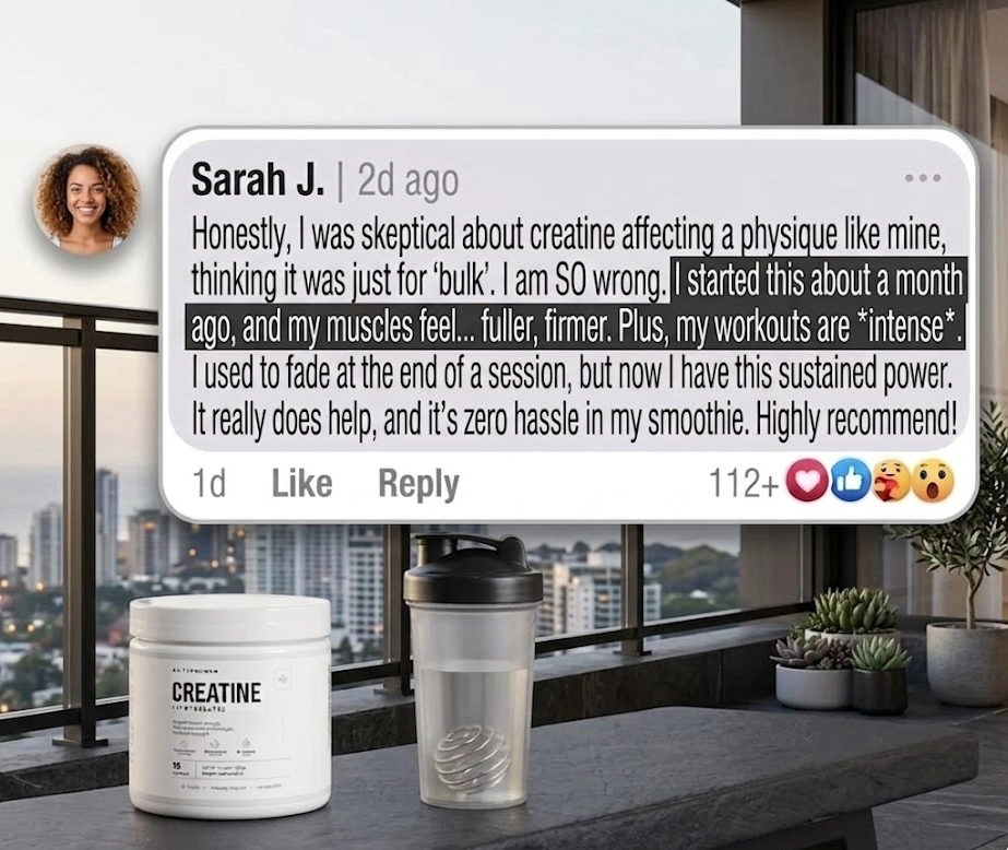 A jar of creatine and a shaker bottle on a balcony with an overlaid positive customer review.