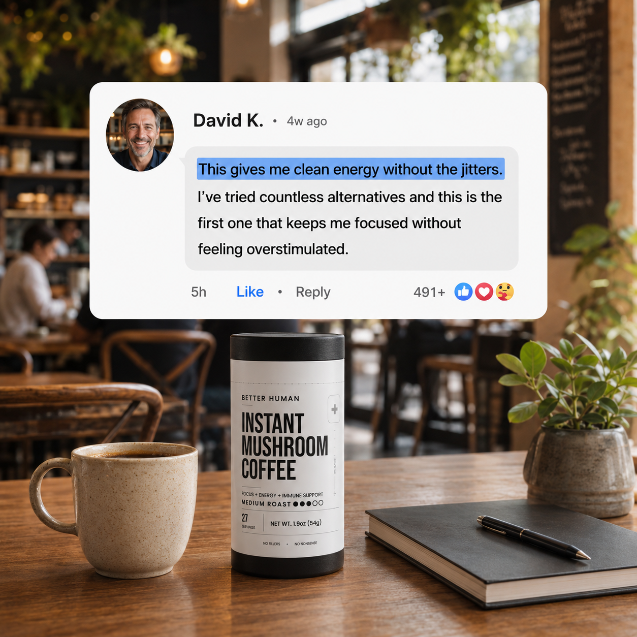 A canister of Better Human mushroom coffee on a cafe table with a mug and a customer review.