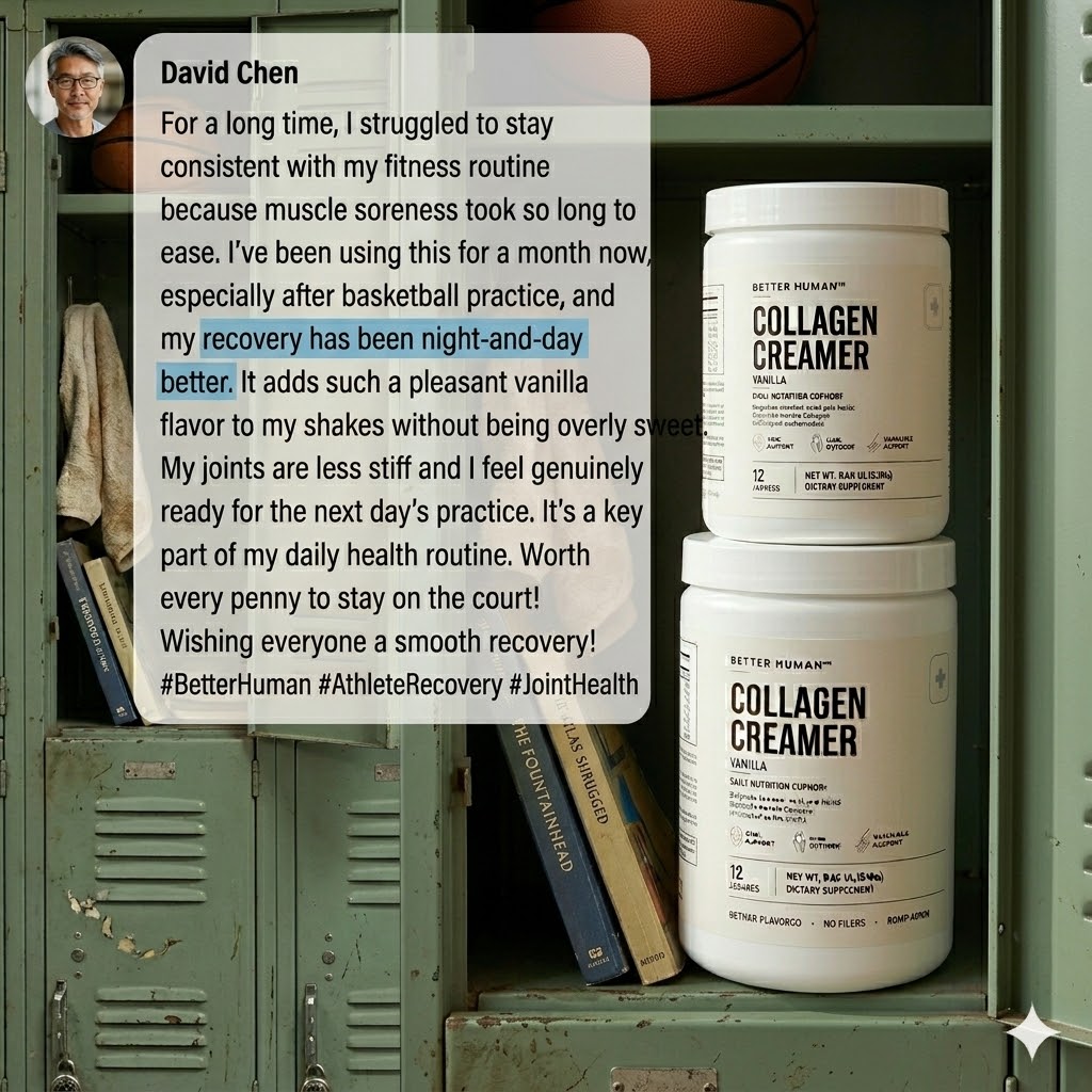 A woman holds two containers of Better Human Collagen Creamer next to a testimonial from a customer.