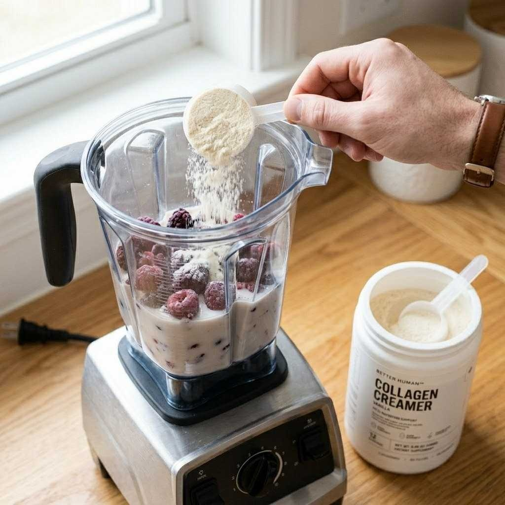 A hand adds a scoop of collagen powder to a blender containing berries and a milky liquid.