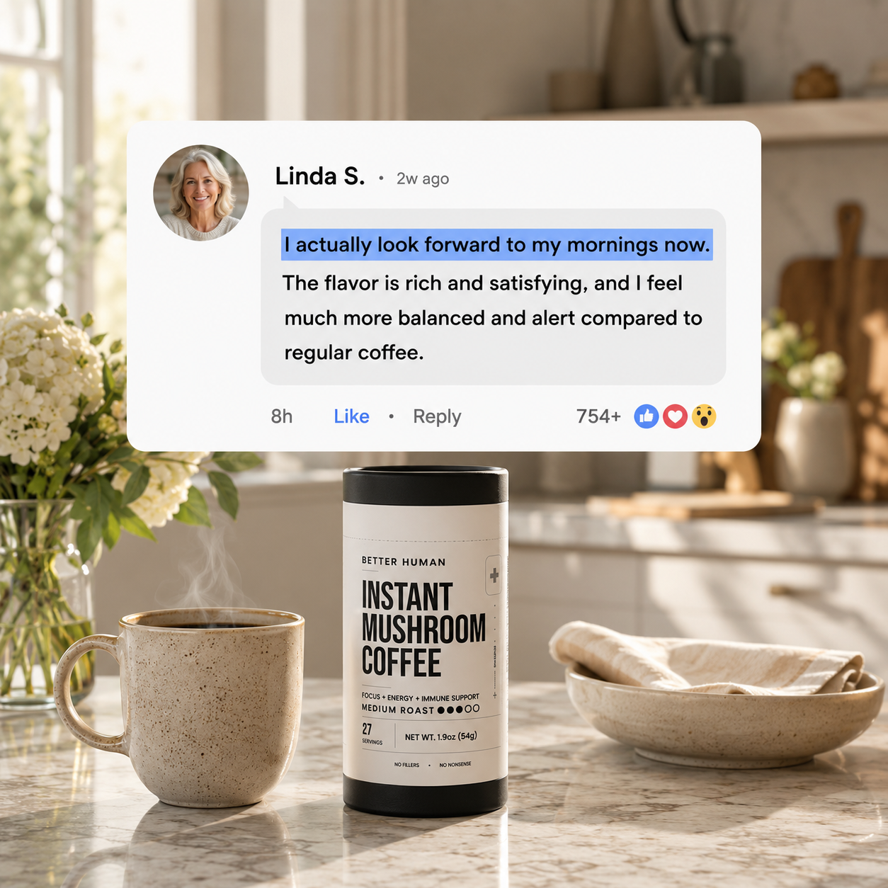A can of instant mushroom coffee next to a steaming mug, with a testimonial from a customer.