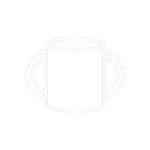 A simple white line drawing of a mug with two handles on a white background.