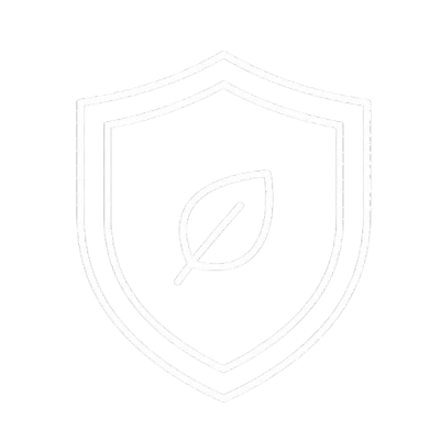 A white line drawing of a shield with a leaf inside, representing environmental protection.