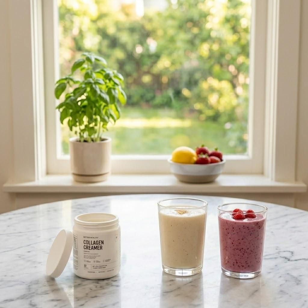 A jar of collagen creamer next to two different smoothies on a marble table by a window.
