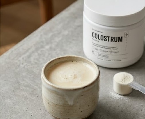 A prepared drink in a mug next to a jar of Colostrum powder and a scoop.