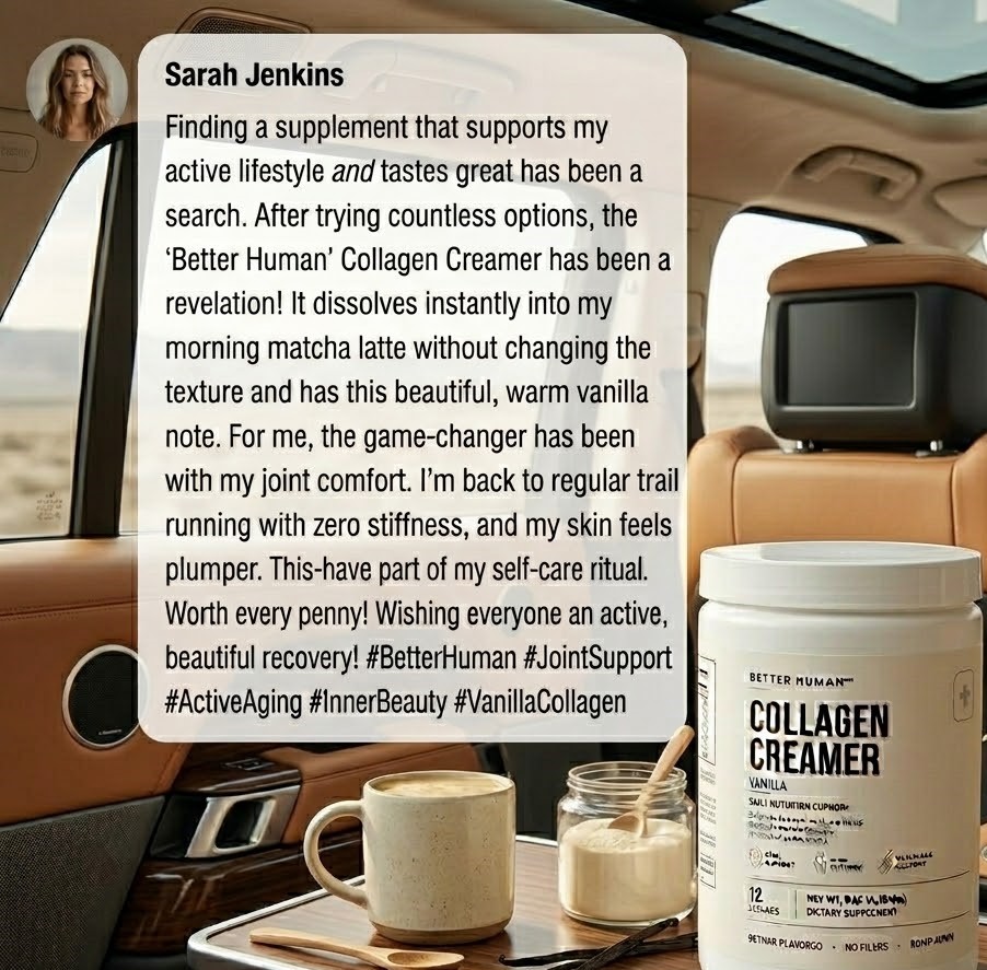 Two jars of Better Human Collagen Creamer are displayed in a locker with an overlaid customer testimonial.