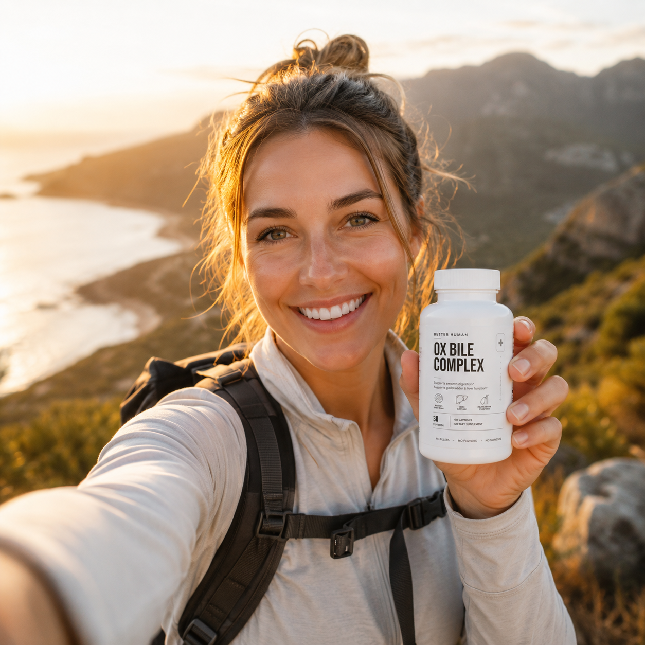 A smiling woman in hiking gear holds up a bottle of Ox Bile Complex supplements outdoors at sunset.