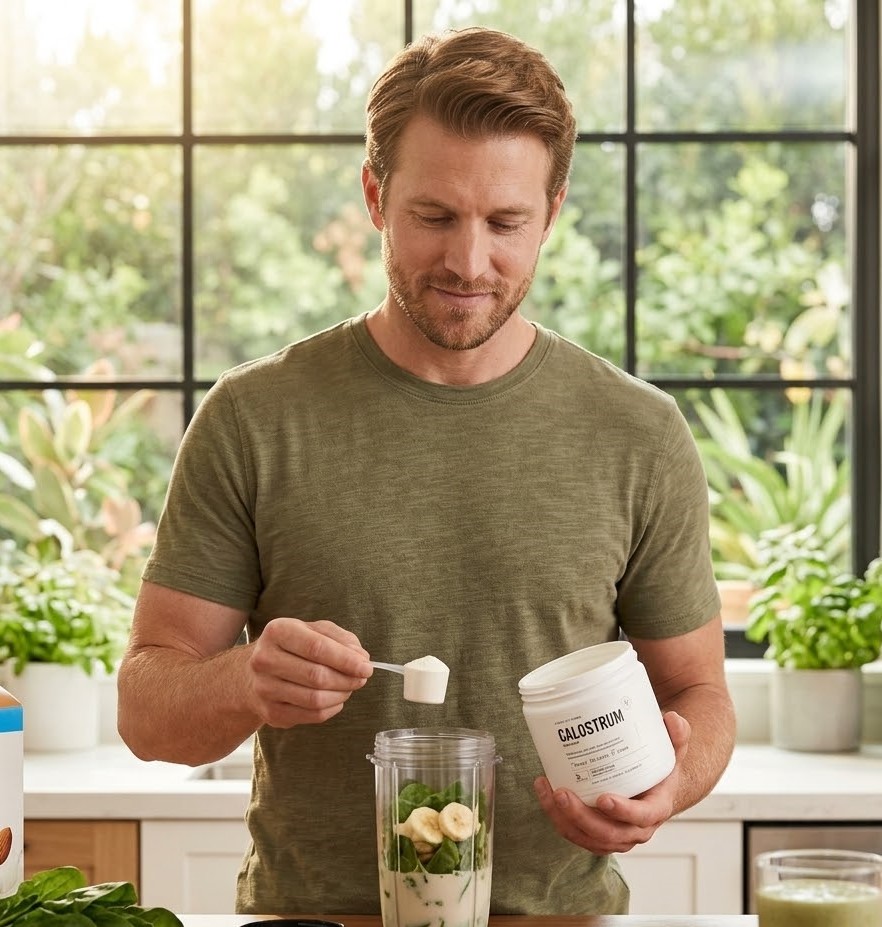 A man in a green t-shirt adds a scoop of white powder to a blender making a smoothie.