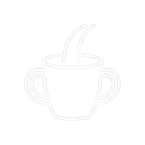 A white outline icon of a steaming cup with two handles on a white background.