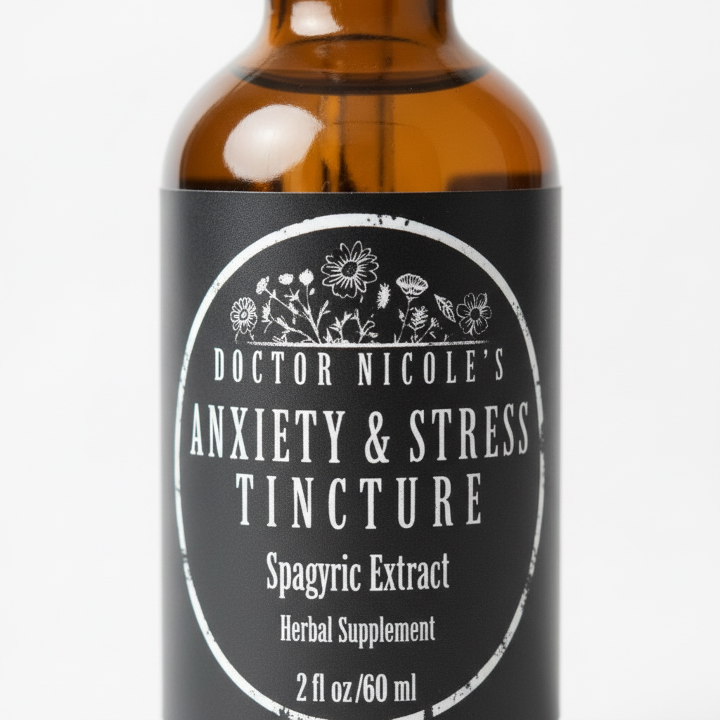 A close-up of a brown glass bottle of Doctor Nicole's Anxiety & Stress Tincture against a white background.