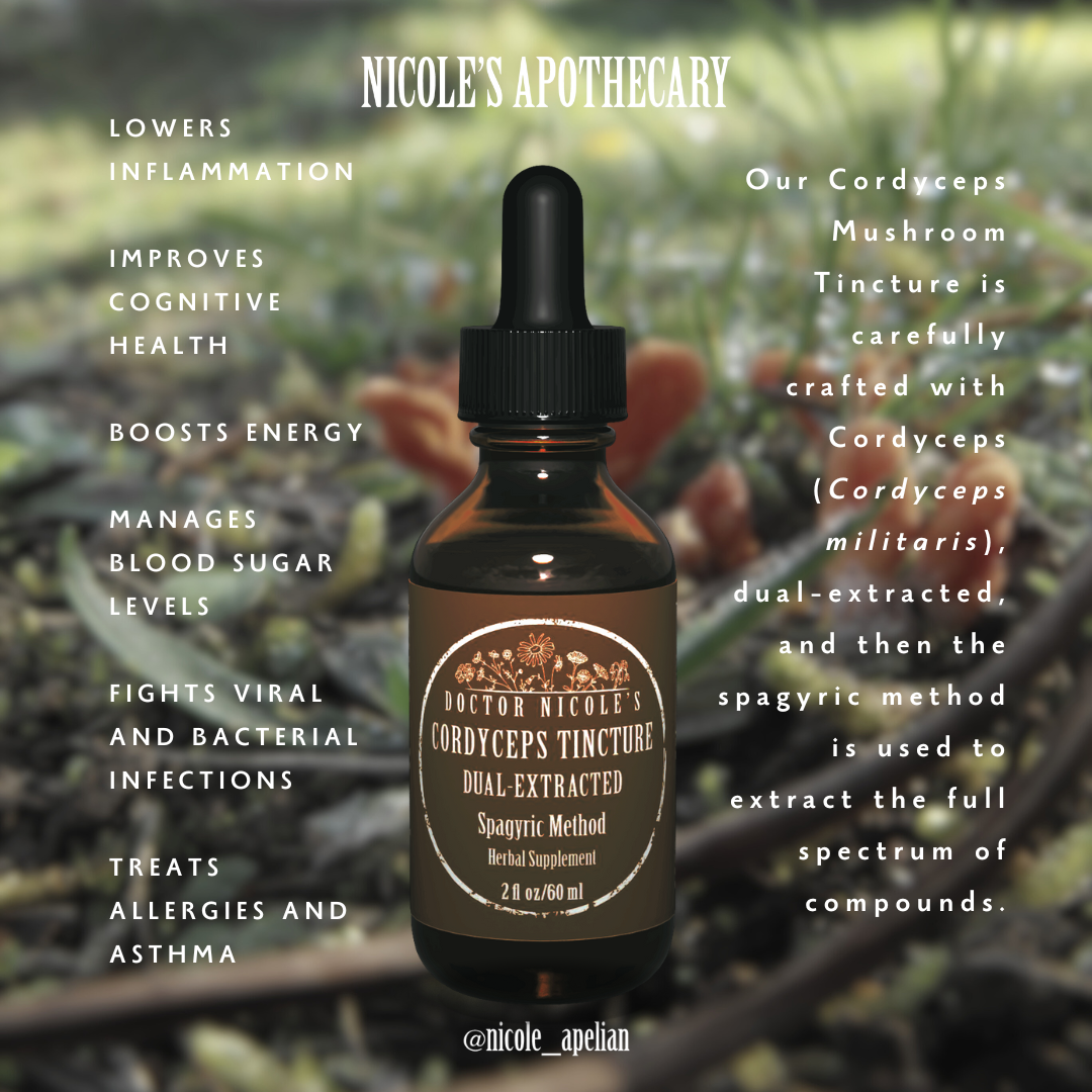 A bottle of Cordyceps tincture with descriptive health benefits text on a blurred background.