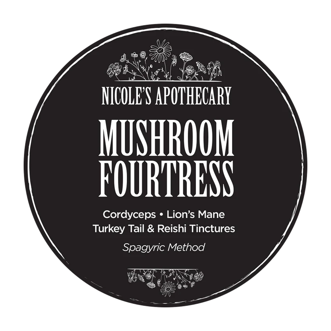 Black circular label with text and floral illustrations.