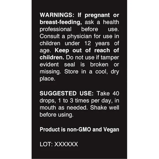 Instructions and warnings for a non-GMO, vegan product, suggesting 40 drops, 1-3 times daily.