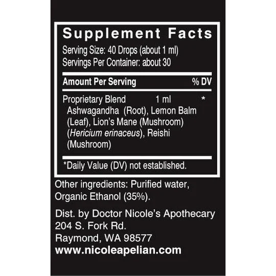 Supplement facts label with proprietary blend ingredients and contact details.