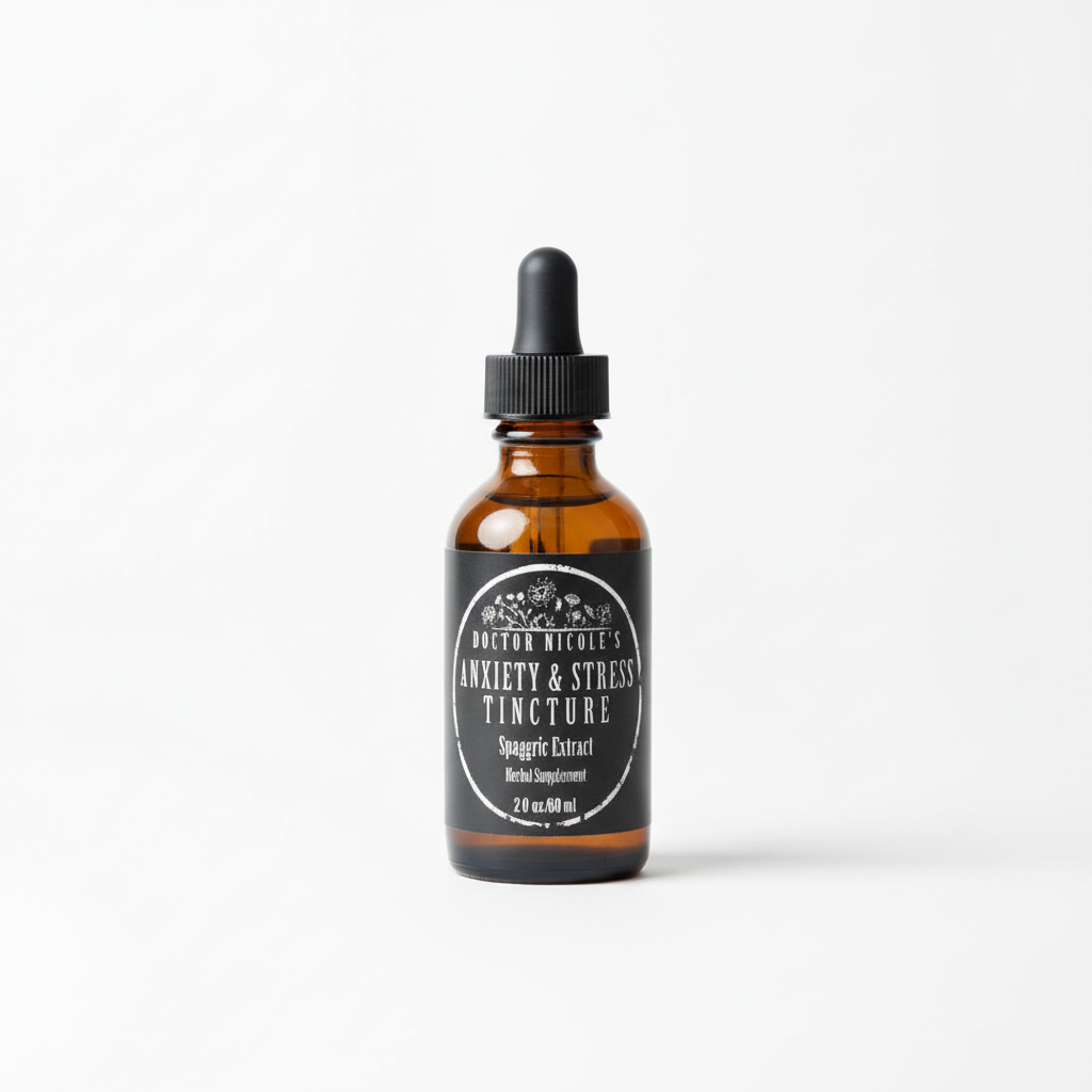An amber glass dropper bottle of Doctor Nicole's Anxiety & Stress Tincture against a plain white background.