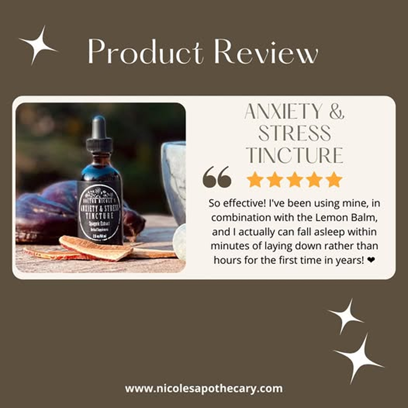 Product review for an anxiety and stress tincture with a five-star rating.