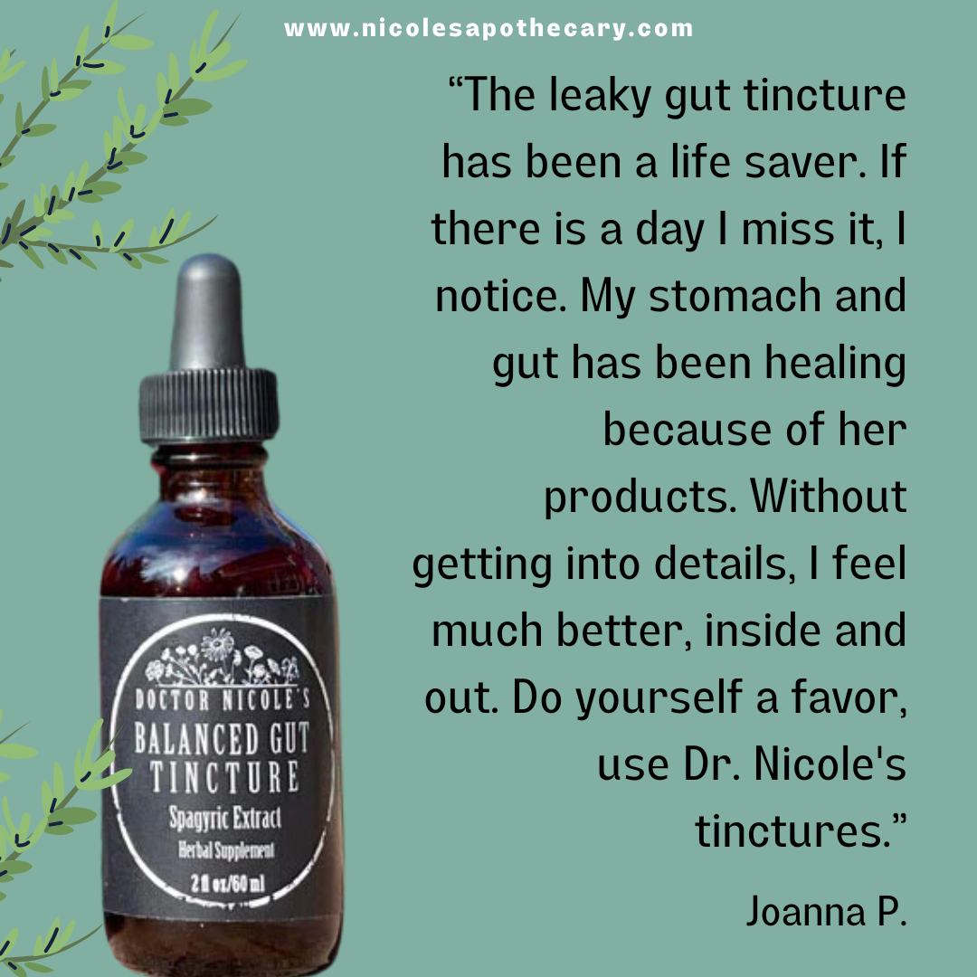 Bottle labeled 'Balanced Gut Tincture' with testimonial text on green background.