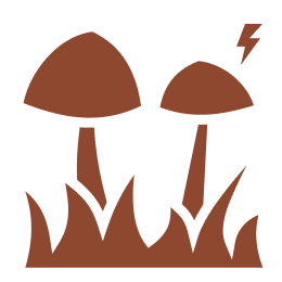 Two brown mushrooms with grass, one with a lightning bolt.
