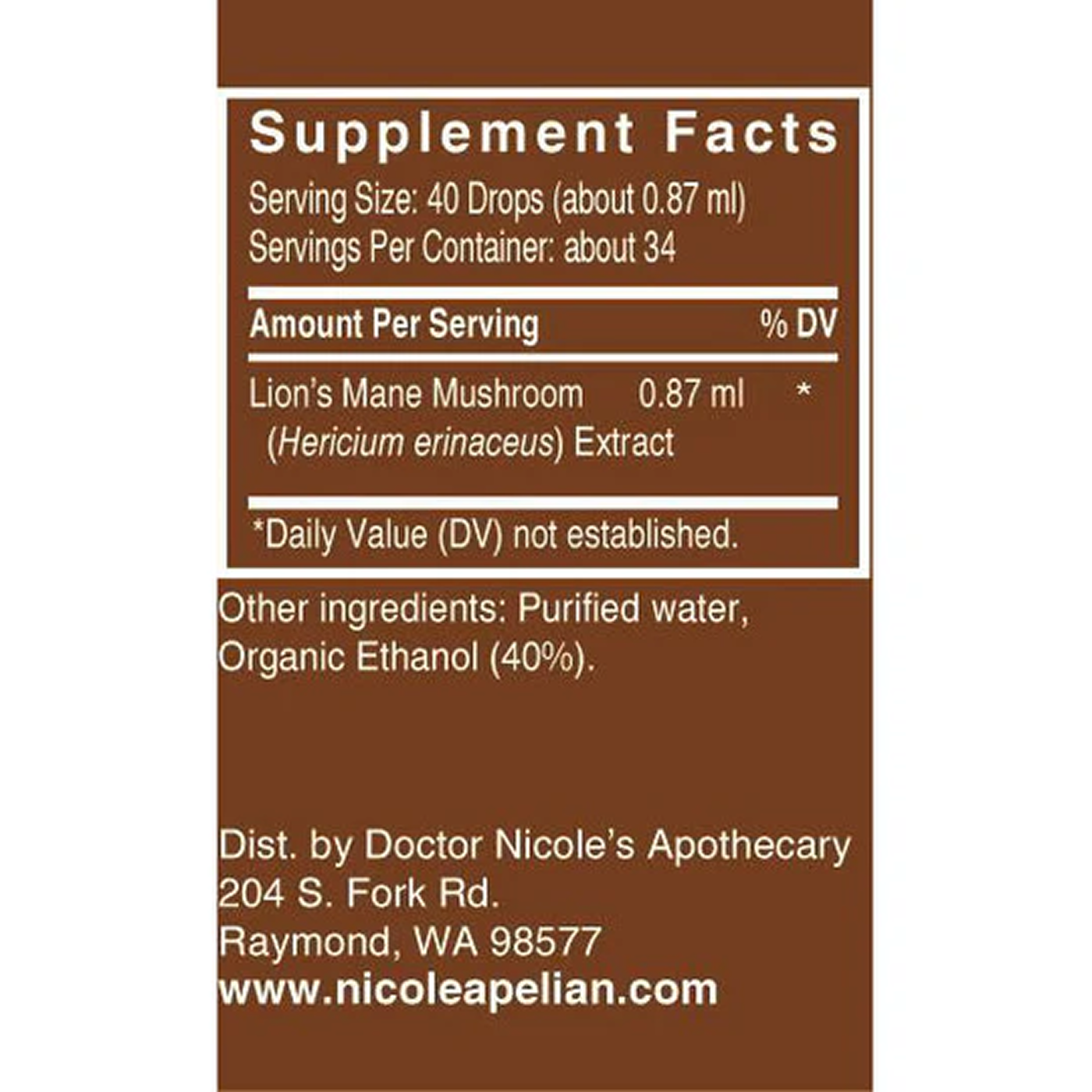 Supplement facts label for Lion's Mane Mushroom extract.