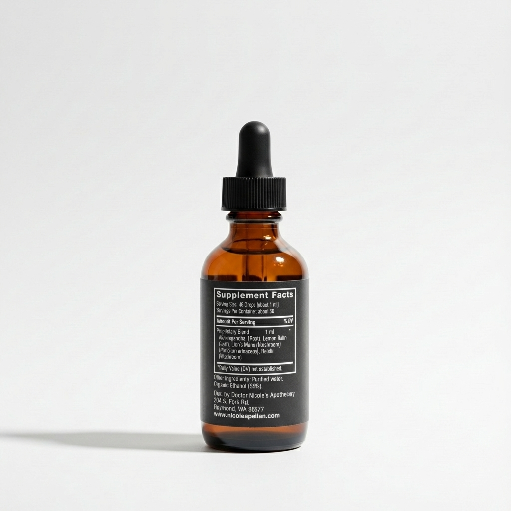 An amber glass dropper bottle with a supplement facts label sits on a white background.