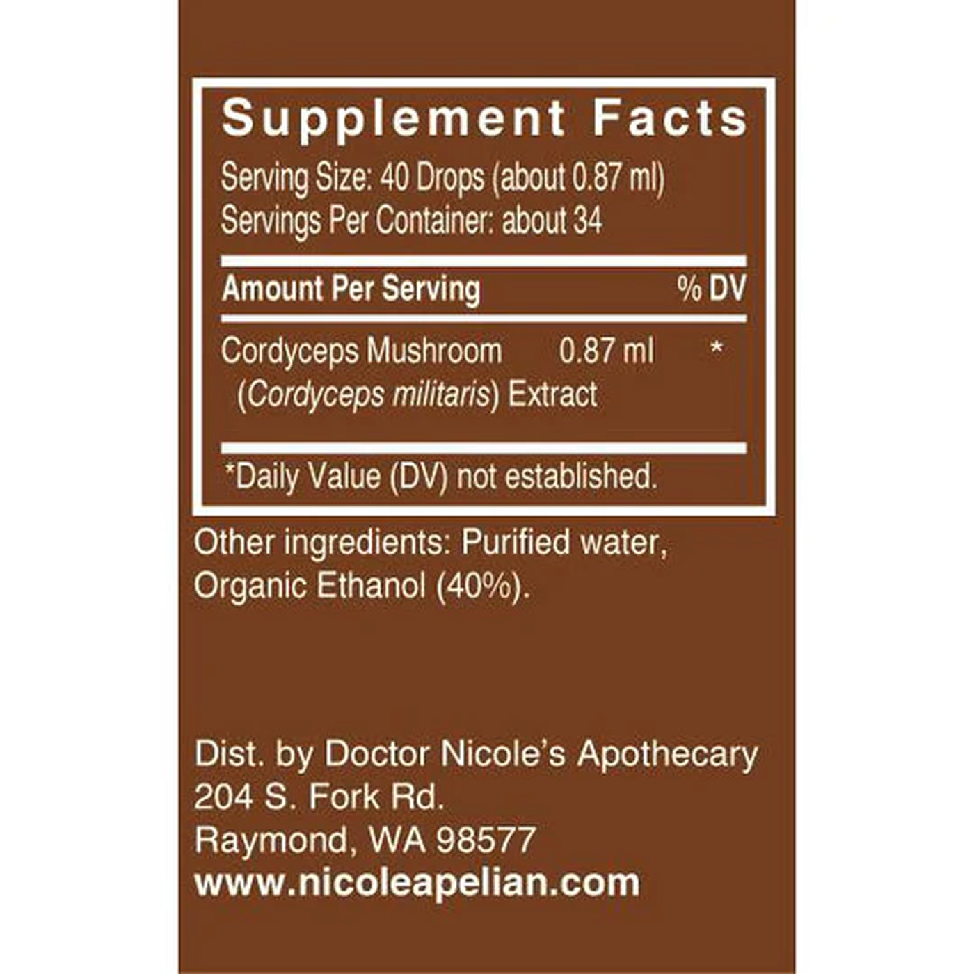 Supplement facts label for Cordyceps Mushroom extract with serving information and ingredients.