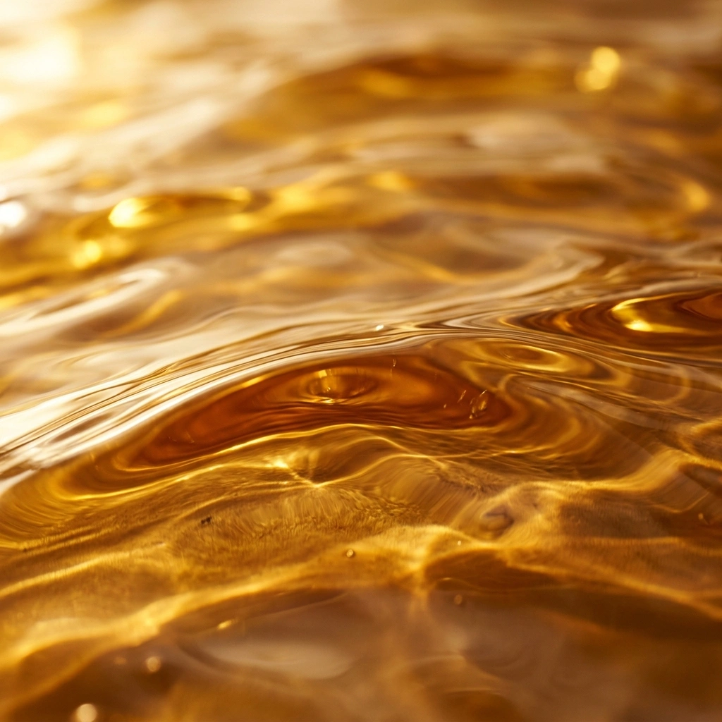 A close-up, abstract photo of a rippling liquid surface illuminated with a warm, golden light.
