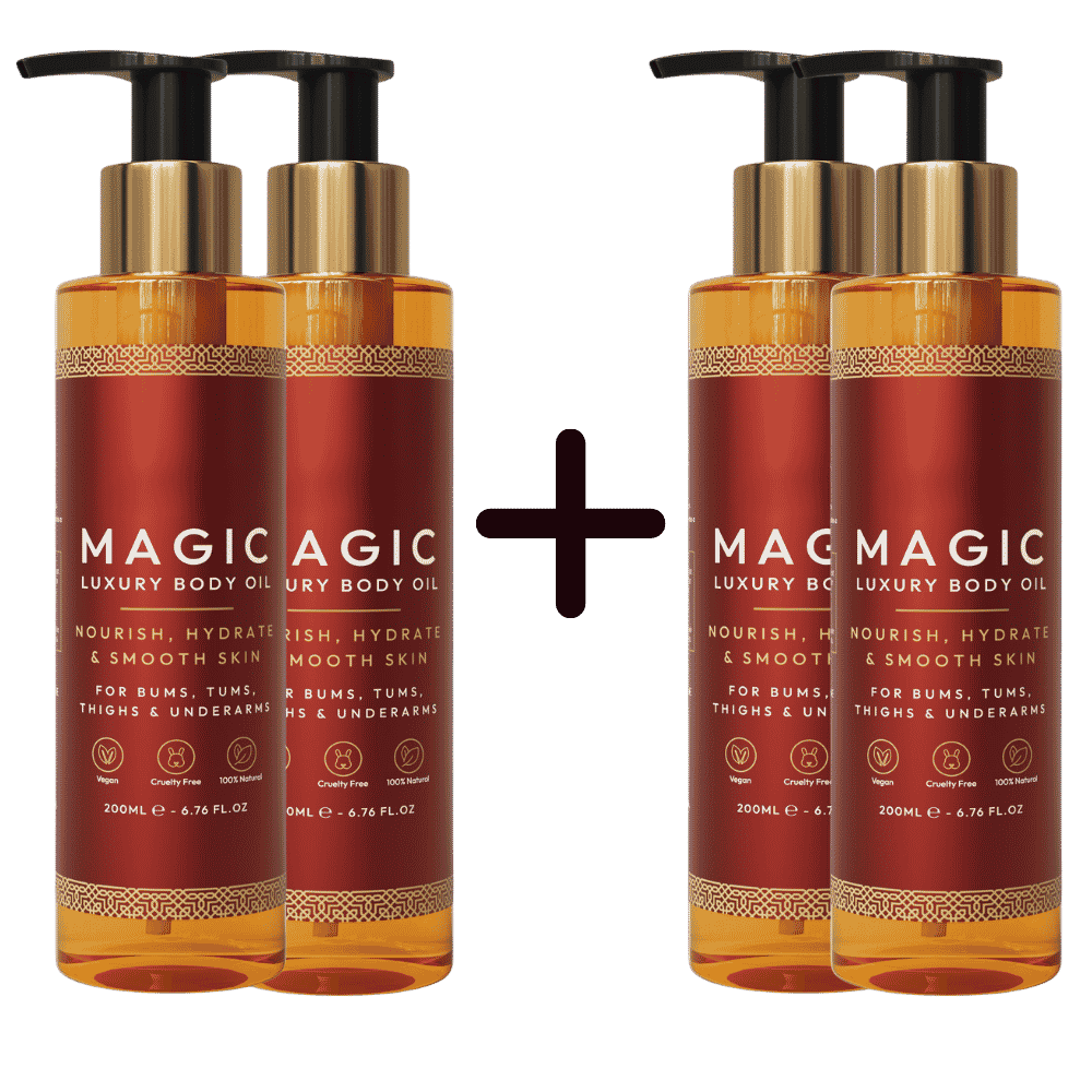 Four bottles of MAGIC Luxury Body Oil arranged as two pairs with a plus sign between them.