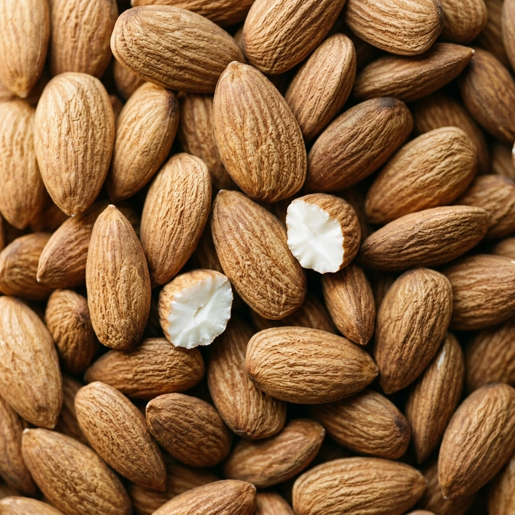 A close-up shot of a pile of whole almonds, with two broken in half showing the white inside.