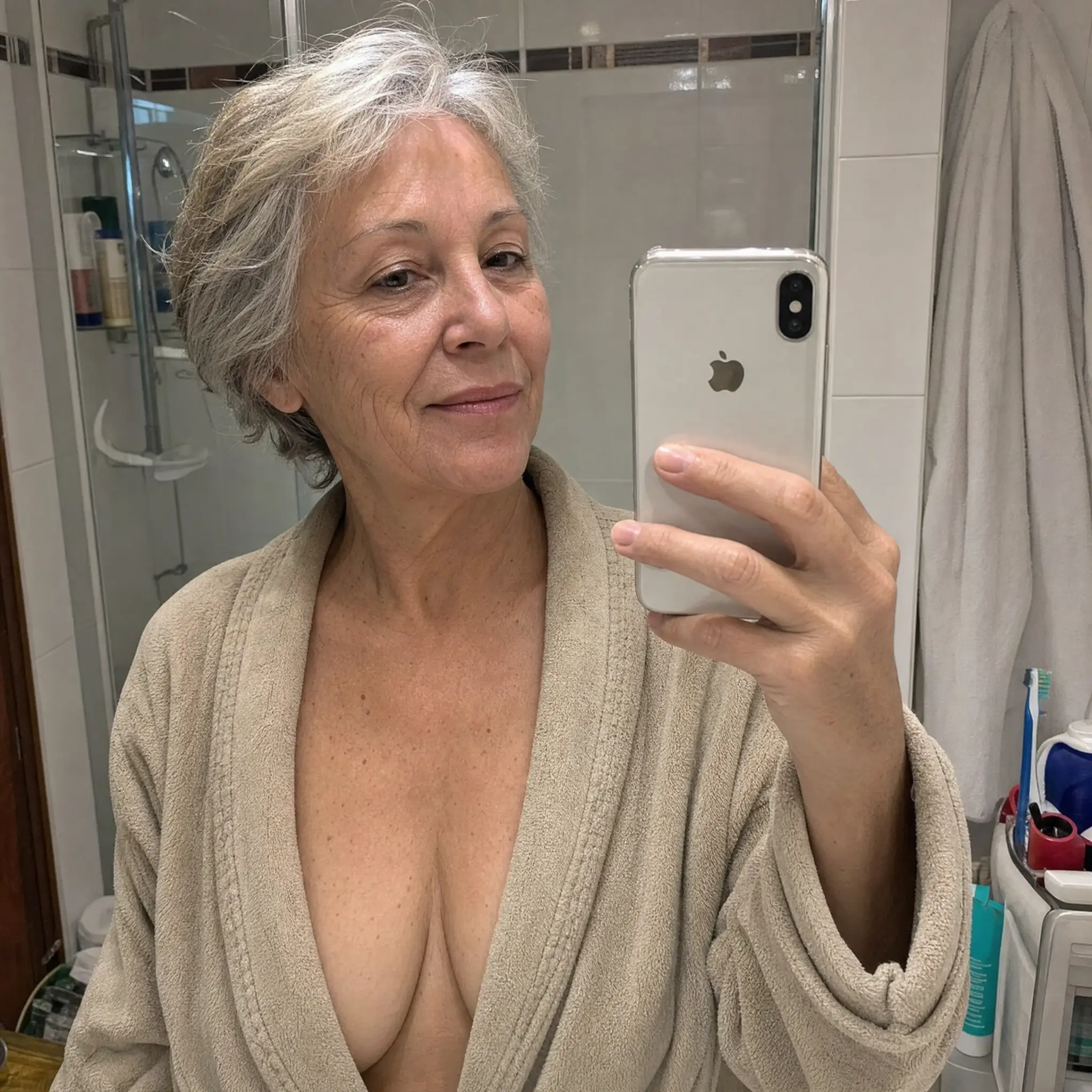 A woman with short gray hair in a beige bathrobe takes a selfie in a bathroom mirror.