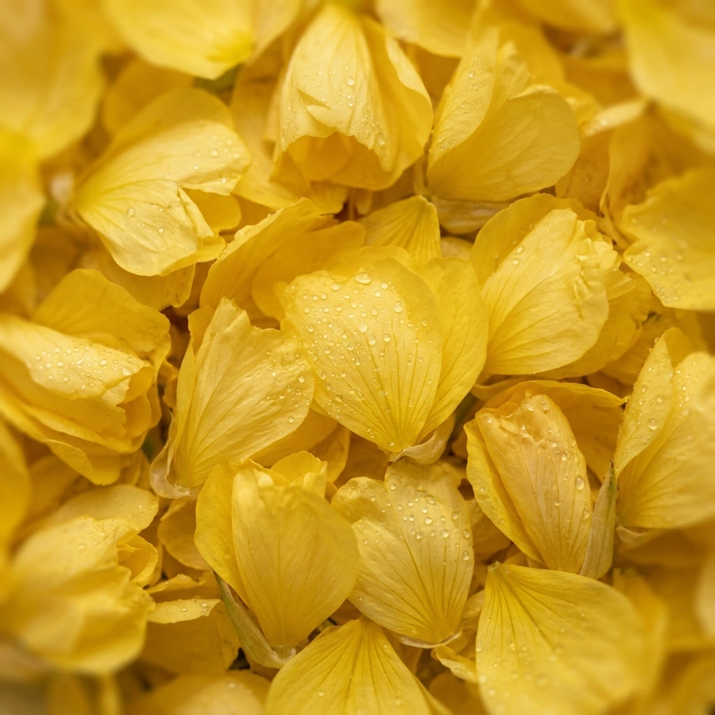 A close-up, macro shot of vibrant yellow flower petals covered in tiny water droplets.