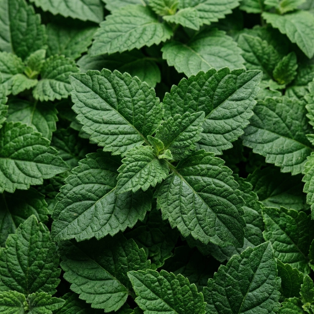 A close-up, overhead view of a lush patch of vibrant green mint leaves.