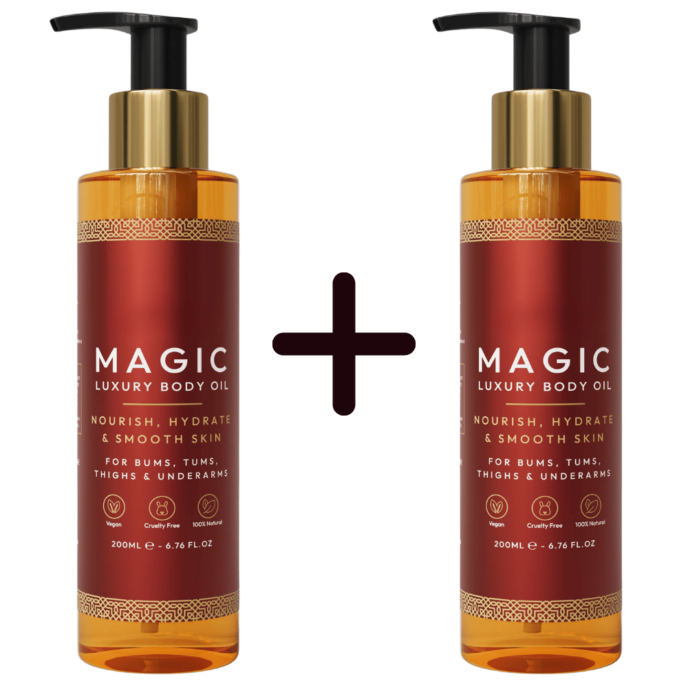 Two bottles of Magic Luxury Body Oil with a plus sign between them on a white background.